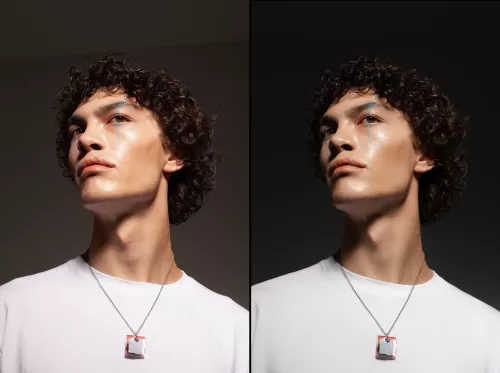 Студийный мужской портрет кудрявого парня с креативным макияжем для рекламной съемки аксессуаров